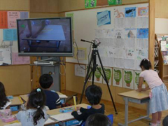 児童が机上でやっている方法をビデオカメラから大型モニタへ映して、全体発表