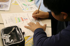 料理を主食・主菜・副菜・くだもの・乳製品に分けて食事バランスガイドのバランスゴマにシールを貼る。完成したコマを見ながら、気付いたことや感想を書く。